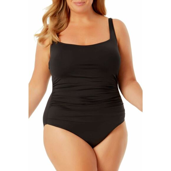 Anne Cole BLACK Plus Size 24W Ruched Slimming One Piece Swimsuit New - Picture 1 of 6